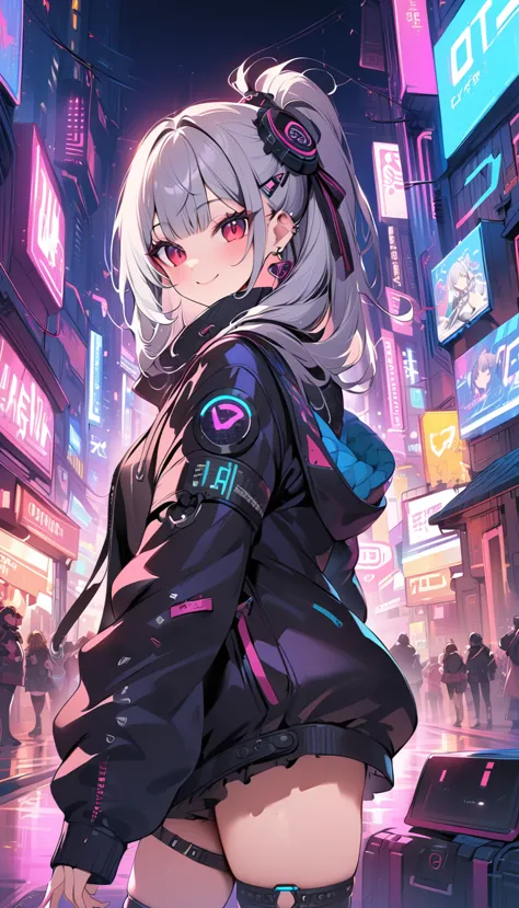 highest quality, masterpiece, ultra-high resolution,city of night,standing woman，neon town, have a smartphone,cyber punk vibe, c...