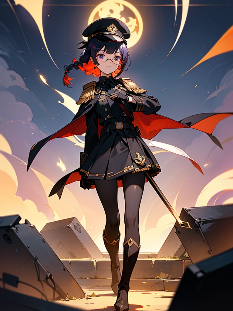 realisitic, City Deserted, Pile of rubble, Brick building, a one woman (18 years old, far away blackw hair, far away slits, Eyes red, glare eyes, 精致的面容, standing (In floor, feet shoulder-width apart), Lolita style military uniform (blackw base, Red Insert, golden decoration, volantes, wide sleeves, dainty and delicate detailing armors), blackw far away gloves (blackw, Red Insert, golden decoration, small hands, armors), blackw far away gloves, knee high boots (blackw, high-heels, red soles), ha (blackw, aba dourada, shield emblem, delicate details), arms in front, Front of belly, Holding military swords with both hands (blackw, golden decoration, delicate detail, Handle at the top, Ground-facing blade, in front of the body, far away), night sky (blackw, stele, Increased flames and smoke) Pale painting style, One Girl, super high quality, Super Detail, Super Detailed image, long hair, looking at viewer, skirt, shirt, hair ornament, violet eyes, gloves, round glasses, long sleeves, hat, closed mouth, jacket, violet hair, braid, open clothes, necktie, black gloves, black skirt, uniform, single braid, open jacket, black jacket, black headwear, 手链, Peaked cap, black necktie, cropped jacket, military hat, pantyhose, Flat Chest, smile, Black Cape