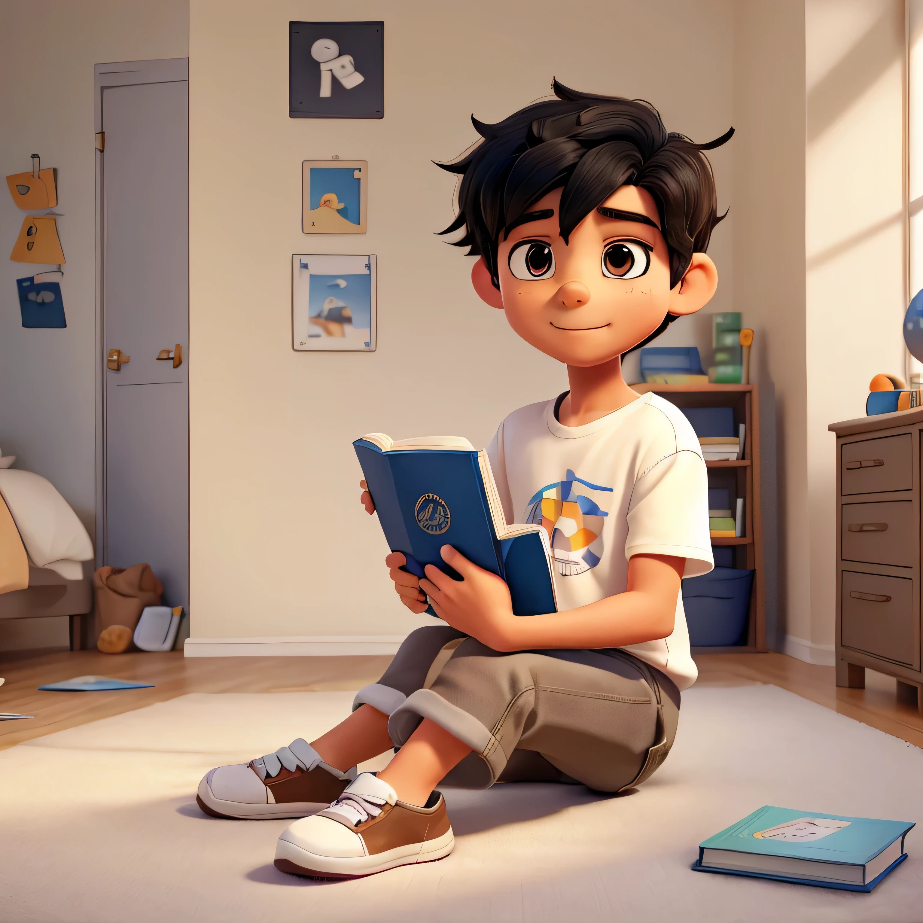 Describe a  autistic boy sitting with a book in his hand. His black hair is messy and his brown eyes are focused on something in front of him.. He wears a simple white t-shirt, comfortable denim shorts and worn sneakers. The bedroom walls are painted in soft shades of light beige, creating a serene and welcoming atmosphere.