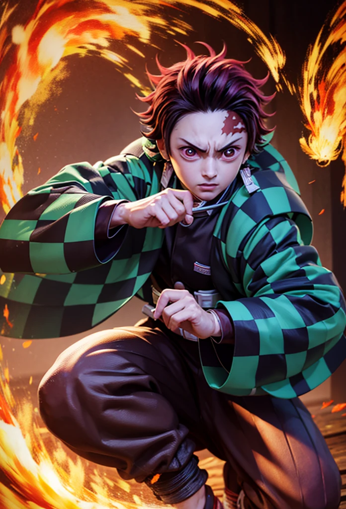 Kamado Tanjiro,(Kimetsu No Yaiba),Full Style,Ultra High Quality,Ultra High Resolution,Photograph 8K,Holding a Sword,Ultra Detailed ,Demon Hunter Suit,Hino Kami Kagura Teknik