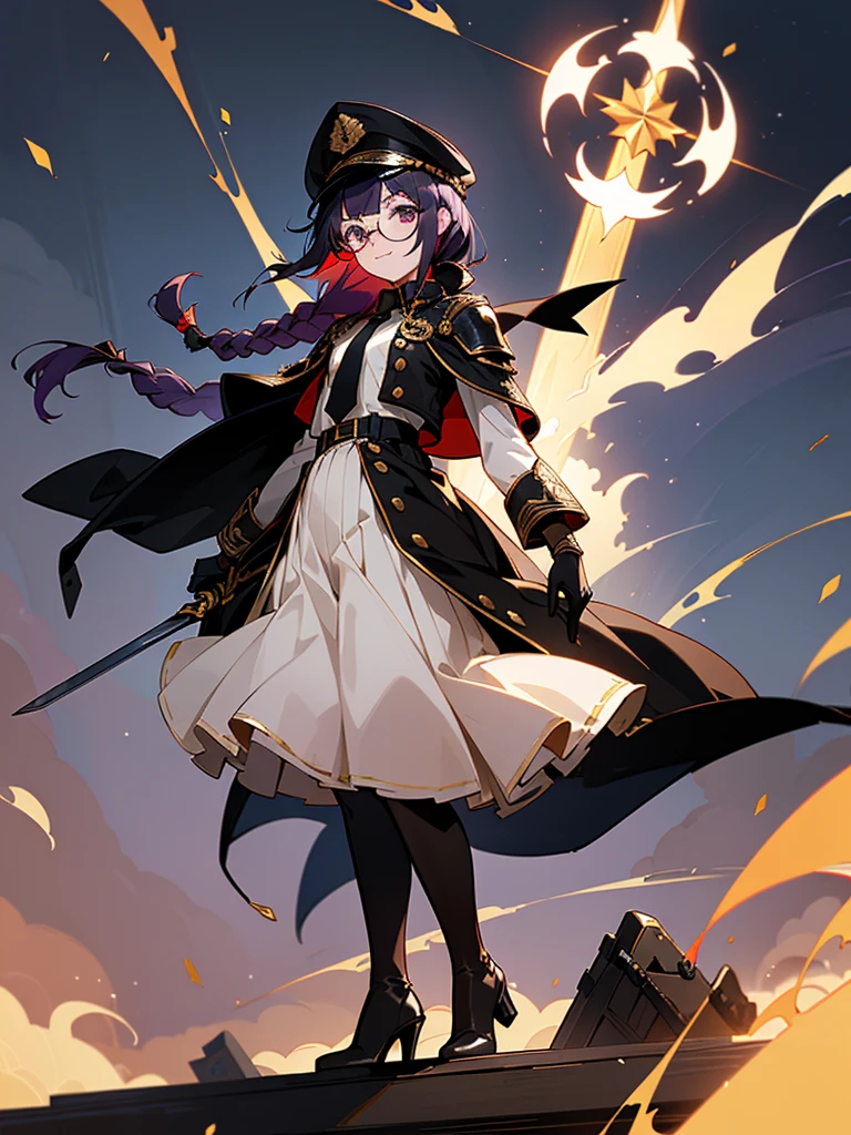 realisitic, City Deserted, Pile of rubble, Brick building, a one woman (18 years old, far away blackw hair, far away slits, Eyes red, glare eyes, 精致的面容, standing (In floor, feet shoulder-width apart), Lolita style military uniform (blackw base, Red Insert, golden decoration, volantes, wide sleeves, dainty and delicate detailing armors), blackw far away gloves (blackw, Red Insert, golden decoration, small hands, armors), blackw far away gloves, knee high boots (blackw, high-heels, red soles), ha (blackw, aba dourada, shield emblem, delicate details), arms in front, Front of belly, Holding military swords with both hands (blackw, golden decoration, delicate detail, Handle at the top, Ground-facing blade, in front of the body, far away), night sky (blackw, stele, Increased flames and smoke) Pale painting style, One Girl, super high quality, Super Detail, Super Detailed image, long hair, looking at viewer, skirt, shirt, hair ornament, violet eyes, gloves, round glasses, long sleeves, hat, closed mouth, jacket, violet hair, braid, open clothes, necktie, black gloves, black skirt, uniform, single braid, open jacket, black jacket, black headwear, 手链, Peaked cap, black necktie, cropped jacket, military hat, pantyhose, Flat Chest, smile, Black Cape