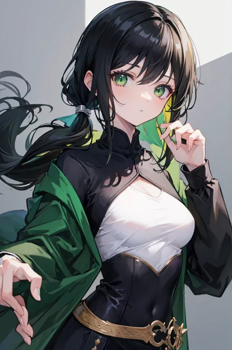 portrait, black hair, long wavy side ponytail, cool, green eyes, dark green cloak, small breasts