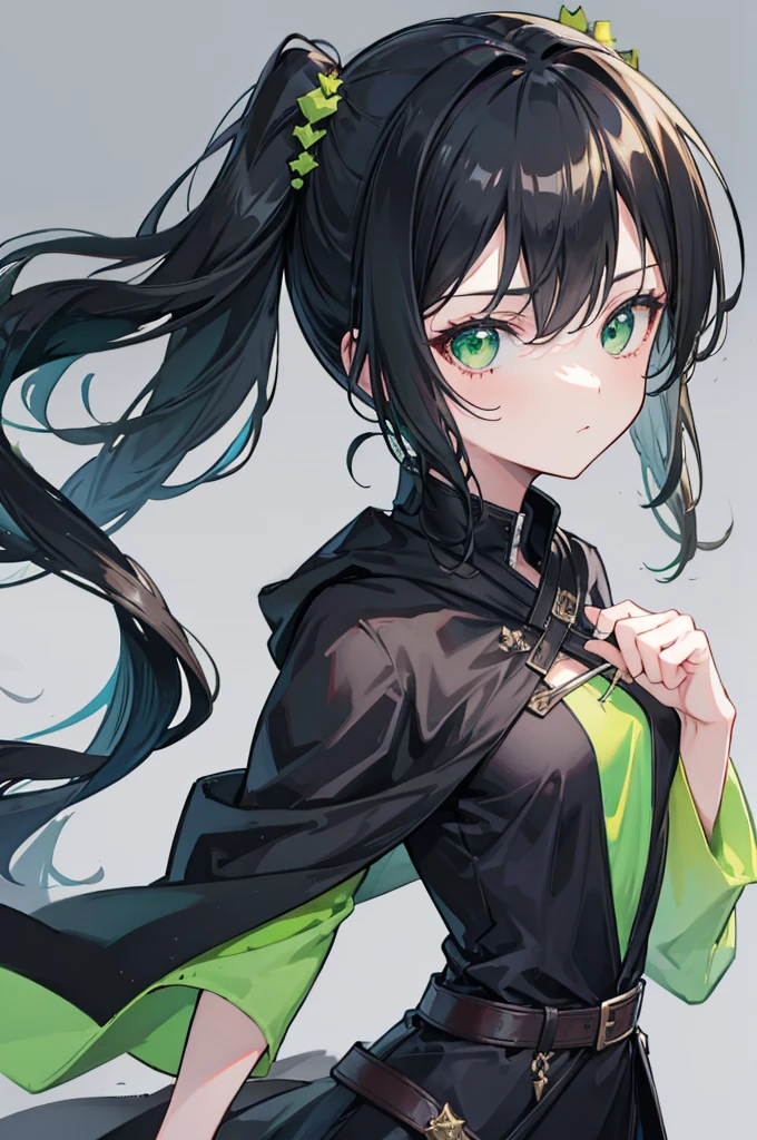 portrait, black hair, long wavy side ponytail, cool, green eyes, dark green cloak, small breasts