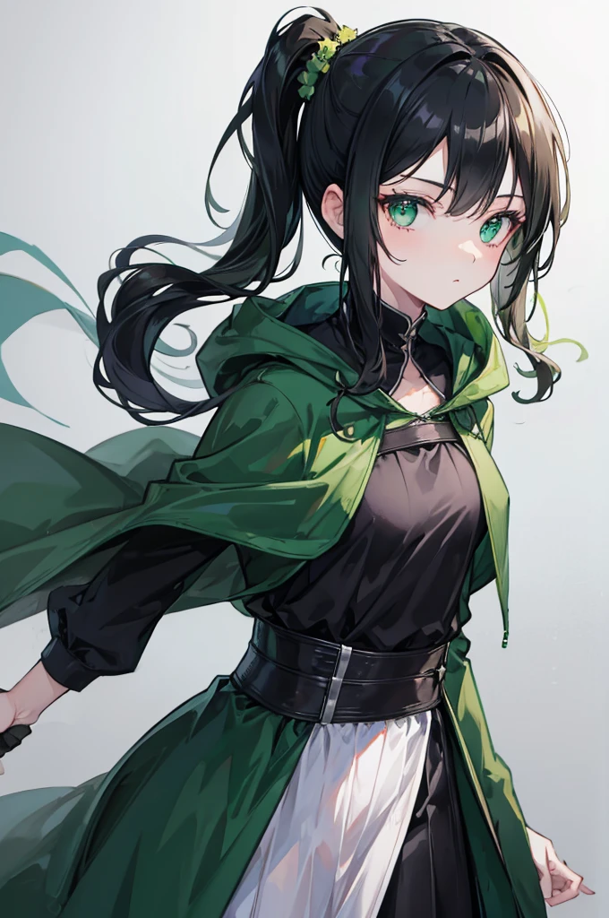 portrait, black hair, long wavy side ponytail, cool, green eyes, dark green cloak, small breasts