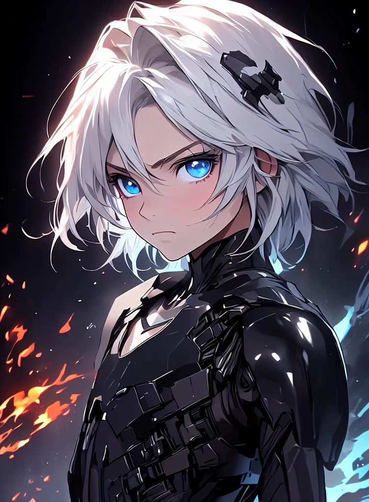 masterpiece, best quality, (detailed anime, video game art, extremely detailed CG unity 8k wallpaper), (best quality), (best illustration), (best shadow), absurdres, realistic lighting, (Abyss), beautiful detailed glow, (anime, solo, adult, mature, 1male, portrait:1.32), (bright blue eyes, white hair, gray hair:1.44), mouthpiece, astolfo, soft, armour, bodyarmour, high tech, science fichtion, expressionless, killer, blood, deathtrooper suit, looking at viewer, side view, glaring, fire, flames, dynamic pose, battle, warfare, frowning, (flat chest:1.6)