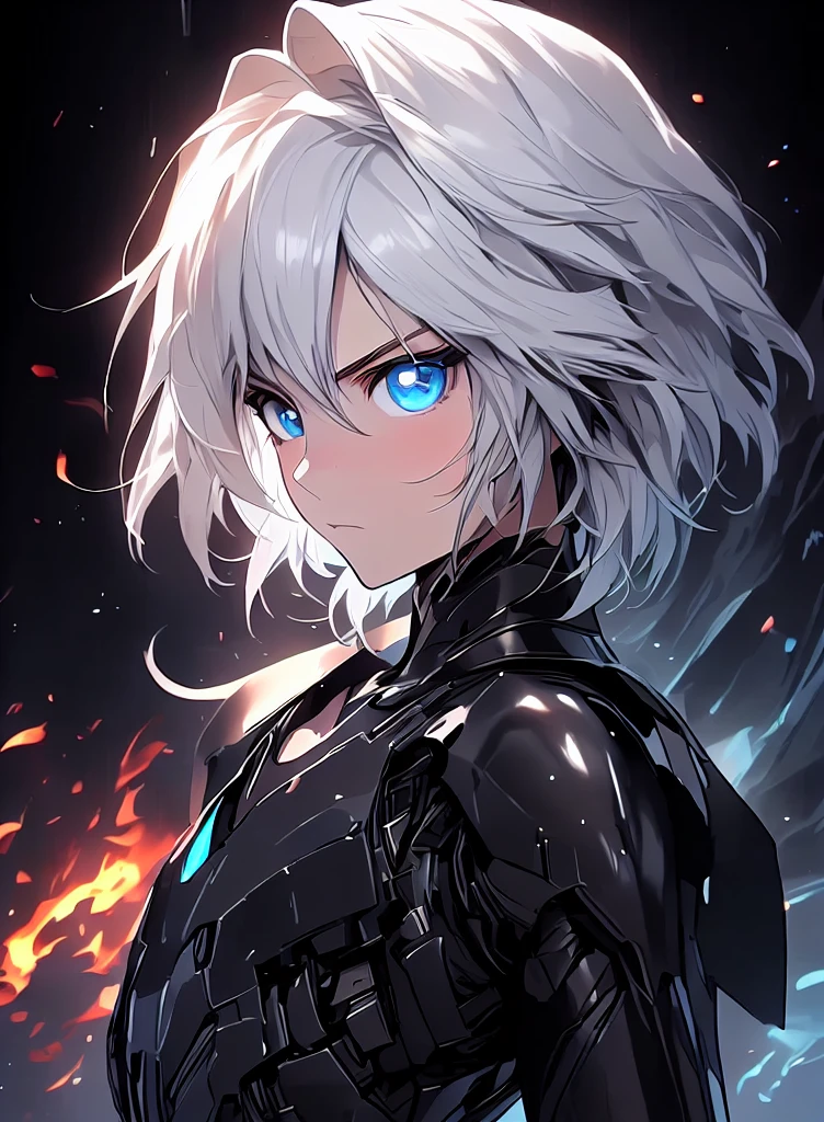 masterpiece, best quality, (detailed anime, video game art, extremely detailed CG unity 8k wallpaper), (best quality), (best illustration), (best shadow), absurdres, realistic lighting, (Abyss), beautiful detailed glow, (anime, solo, adult, mature, 1male, portrait:1.32), (bright blue eyes, white hair, gray hair:1.44), mouthpiece, astolfo, soft, armour, bodyarmour, high tech, science fichtion, expressionless, killer, blood, deathtrooper suit, looking at viewer, side view, glaring, fire, flames, dynamic pose, battle, warfare, frowning, (flat chest:1.6)