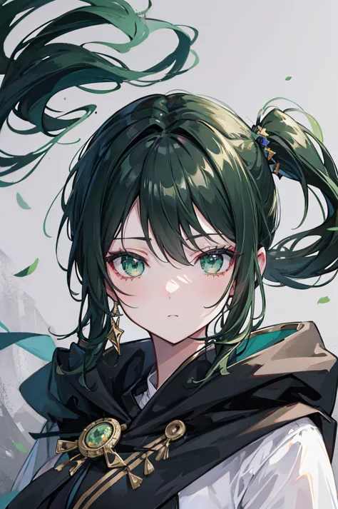 portrait, black hair, long wavy side ponytail, cool, green eyes, dark green cloak,