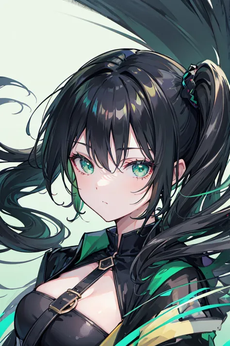 portrait, black hair, long wavy side ponytail, cool, green eyes, dark green cloak, 