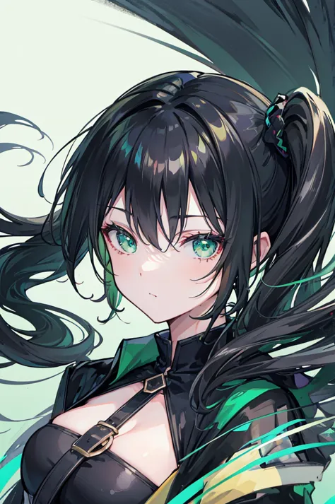 portrait, black hair, long wavy side ponytail, cool, green eyes, dark green cloak,