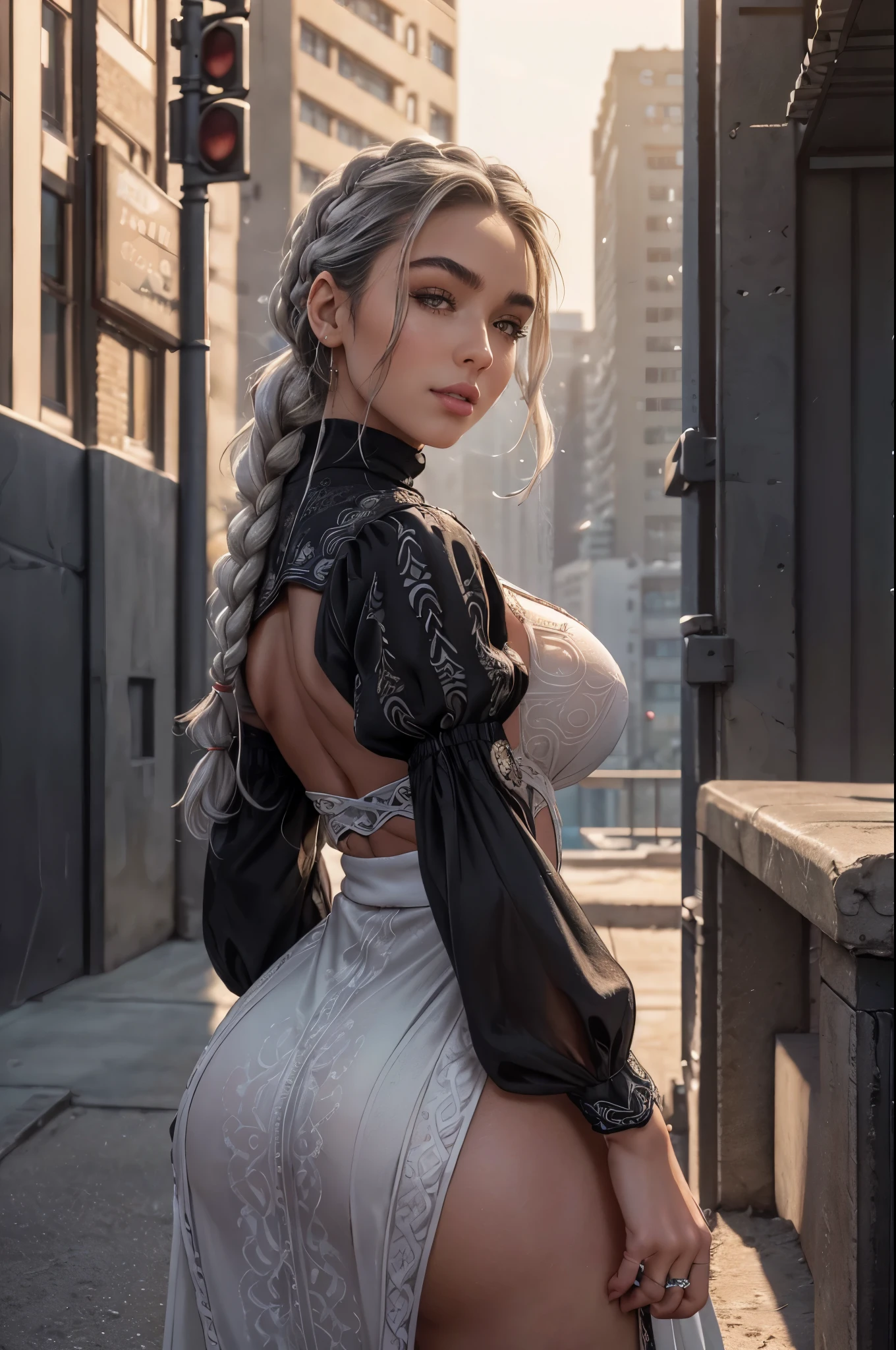 Sommer Ray ultra realistic 8k cg, masterpiece, ((ultra detailed background, delicate pattern, intricate detail)), (highly detailed, fine details), best quality, 1girl, (photorealistic:1.4),beautiful lighting, absurdres, RAW photo, film grain, ((large breasts, slim girl)), 1girl, MeiMei, solo, long hair, braid, dress, hair over one eye, smile, long sleeves, braided bangs, black dress, braided ponytail, white hair, puffy sleeves, holding, turtleneck dress, makeup, grey hair, red lips, one eye covered, lipstick, parted lips, single braid, (complex detailed background, outside, urban environment, cowboy shot, showing ass), 