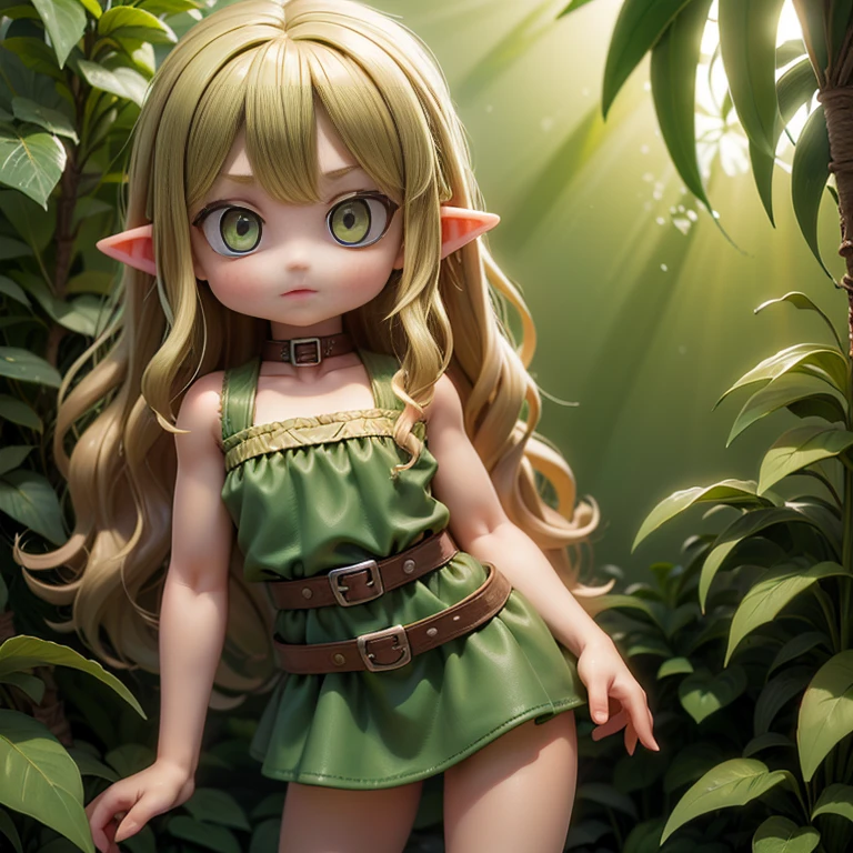 (Top quality, ultra-high resolution, historical masterpiece) 1 girl ((Cute little beautiful girl elf)) (Mini, short, petite) (Young, younger, looks younger) ((Green eyes, long wavy blonde)) (Photo quality: 1.3) Wild and sexy clothes made of plants, belts, knives, jungle, colorful birds,