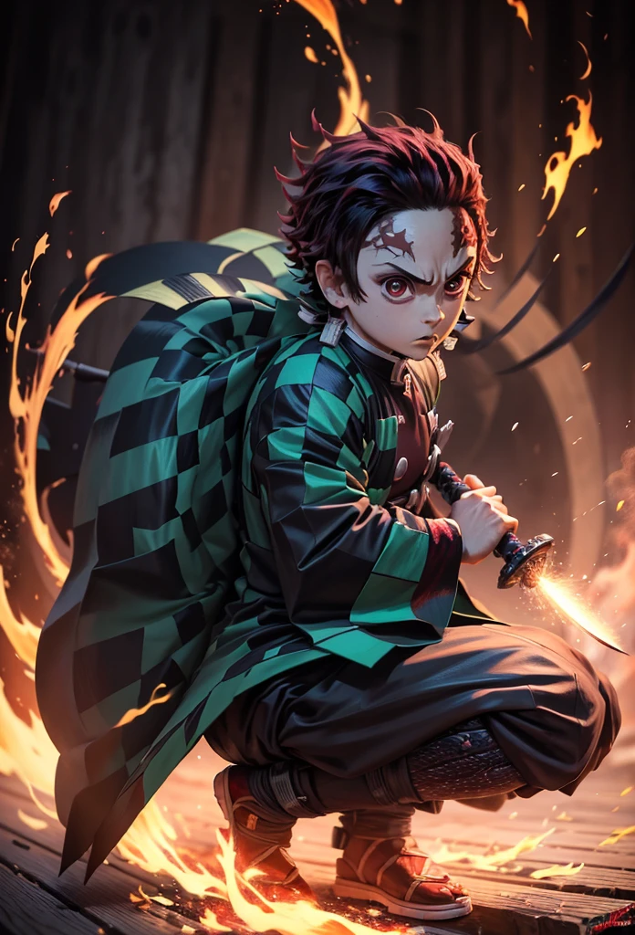 Kamado Tanjiro,(Kimetsu No Yaiba),Full Style,Ultra High Quality,Ultra High Resolution,Photograph 8K,Holding a Sword,One Boy,Ultra Detailed ,Demon Hunter Suit,Hino Kami Kagura Teknik