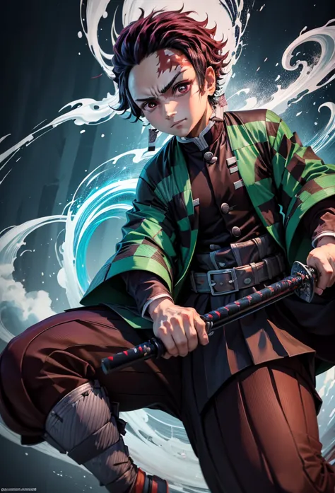 kamado tanjiro,(kimetsu no yaiba),full style,ultra high quality,ultra high resolution,photograph 8k,holding a sword,one boy,ultr...