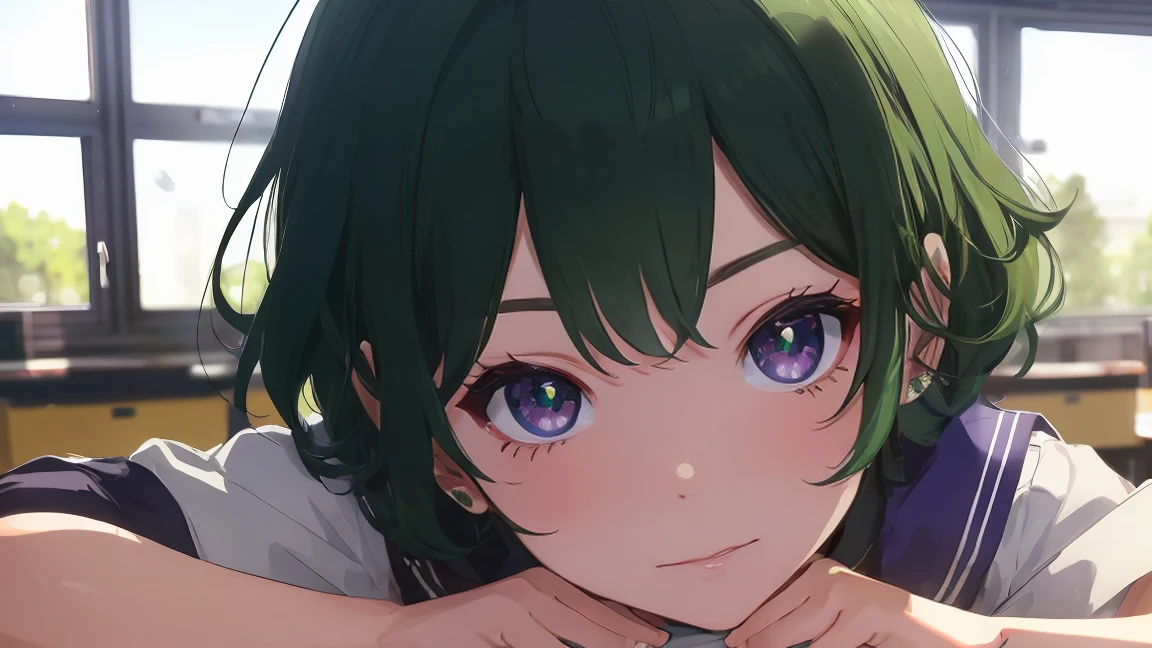 8k, PhotoRealistic, Super detailed, Very detailed, Close-up photo of a girl, short hair, Curly hair、Green Hair, Purple Eyes、Serious look、Slanted Eyes、Beautiful eyelashes、Upper Body、Wear a sailor uniform, classroom, , Realistic, photoRealistic, (Intricate details:1.2), (Delicate and detailed), (Cinematic Light, Top quality backlighting), Clear lines, Sharp focus, Realistic face, Detailed face, unity 8k wallpaper, Ultra-high resolution, photoRealistic, View your viewers, 16K, Ultra-high resolution.