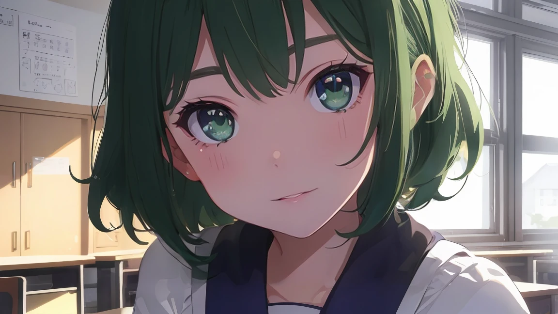 8k, PhotoRealistic, Super detailed, Very detailed, Close-up photo of a girl, short hair, Curly hair、Green Hair, Purple Eyes、Serious look、Slanted Eyes、Beautiful eyelashes、Upper Body、Wear a sailor uniform, classroom, , Realistic, photoRealistic, (Intricate details:1.2), (Delicate and detailed), (Cinematic Light, Top quality backlighting), Clear lines, Sharp focus, Realistic face, Detailed face, unity 8k wallpaper, Ultra-high resolution, photoRealistic, View your viewers, 16K, Ultra-high resolution.