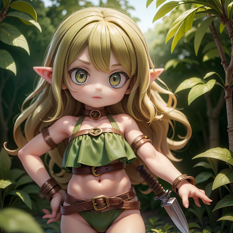 (Top quality, ultra-high resolution, historical masterpiece) 1 girl ((Cute little elf girl)) (Mini, short, petite) (Young, younger, looks younger) ((Green eyes, long wavy blonde)) (Photo quality: 1.3) Bikini armor with plants, belt, knife, jungle, colorful birds,