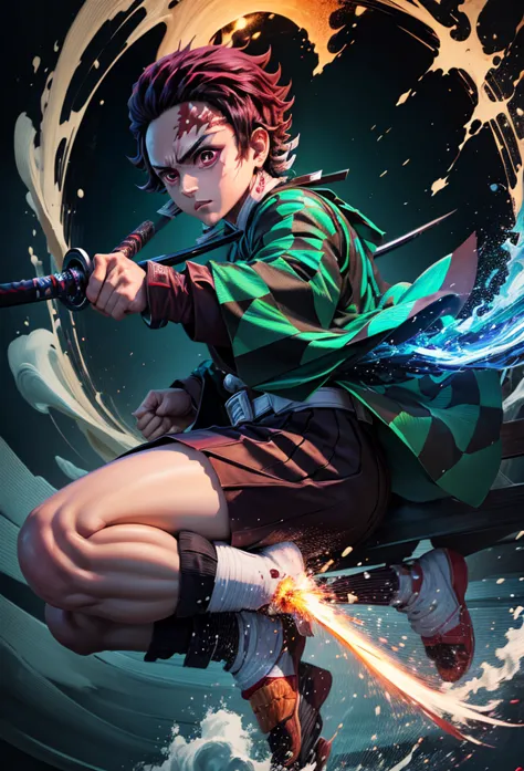 kamado tanjiro,(kimetsu no yaiba),full style,ultra high quality,ultra high resolution,photograph 8k,holding a sword,one boy,ultr...