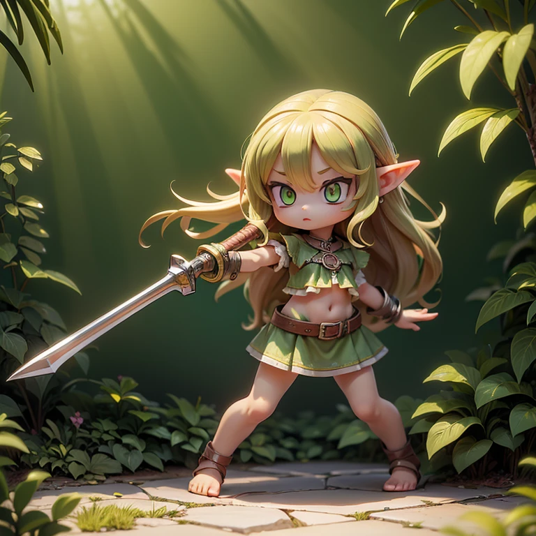 (Top quality, ultra-high resolution, historical masterpiece) 1 girl ((Cute little beautiful girl elf)) (Mini, short, petite) (Young, younger, looks younger) Fighting something ((Green eyes, long wavy blonde)) (Photo quality: 1.3) Bikini armor with plants, belt, sword, axe, spear, equipped with any weapon, jungle, colorful birds,