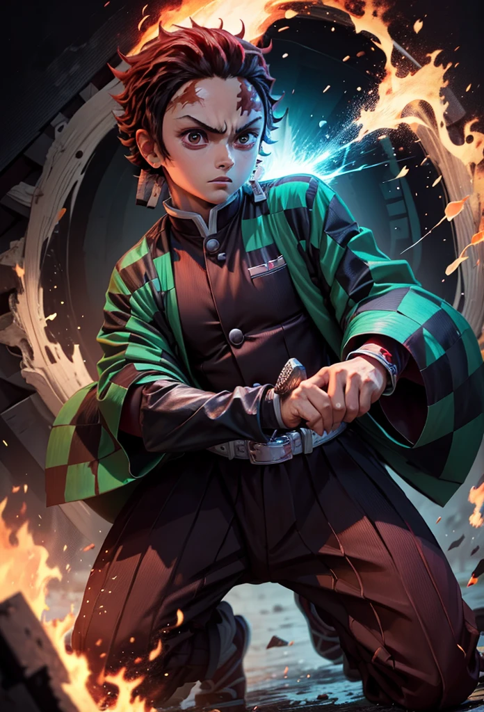 Kamado Tanjiro,(Kimetsu No Yaiba),Full Style,Ultra High Quality,Ultra High Resolution,Photograph 8K,Holding a Sword,One Boy,Ultra Detailed ,Demon Hunter Suit,Hino Kami Kagura Teknik