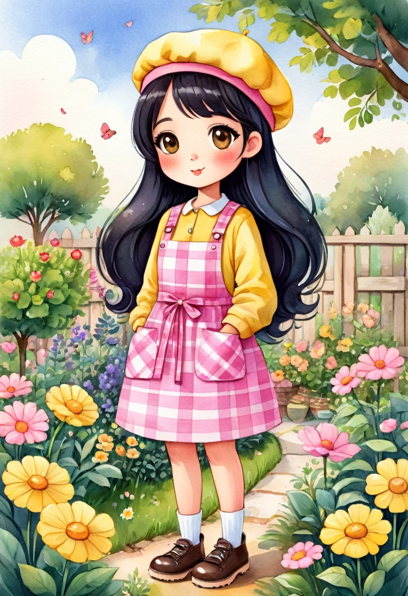 a watercolor illustration of a cute African  standing in a garden, she has a pink beret on her head. She is dressed in a long-sleeved yellow plaid dress, a pink apron with pockets and black details on top, and she is wearing yellow shoes on her feet. She has shoulder-length black hair and big brown eyes. Cute art style, cute cartoon character, cute digital art, cute detailed digital art, cute art, cute cartoon, cute cartoon style, cartoon style illustration, cute character, cute illustration, cute kawaii girl, detailed art cute, cute woman, cute girl, cartoon art style, adorable digital painting, chibi girl.