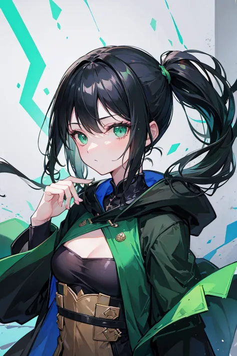 portrait, black hair, long wavy side ponytail, cool, green eyes, dark green cloak, small breasts