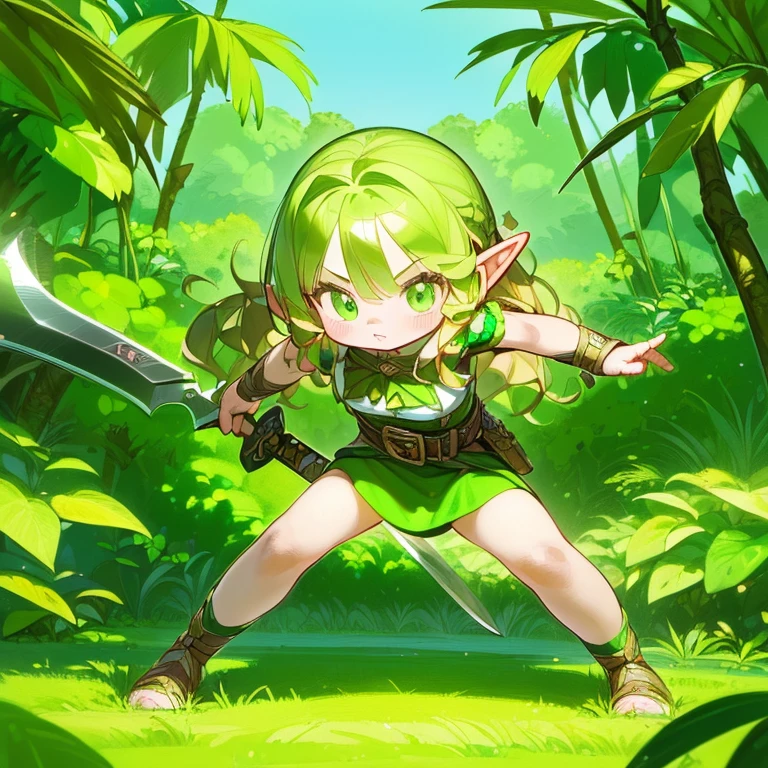 (Top quality, ultra-high resolution, historical masterpiece) 1 girl ((Cute little beautiful girl elf)) (Mini, short, petite) (Young, younger, looks younger) Fighting something ((Green eyes, long wavy blonde)) (Photo quality: 1.3) Bikini armor with plants, belt, sword, axe, spear, equipped with any weapon, action pose, active pose, dynamic angle, jungle, colorful birds,