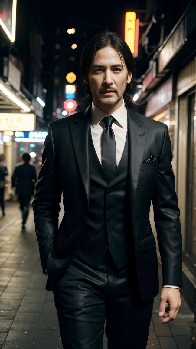 Symmetrical, High Detail RAW Color Photo Professional Photo, [:( High Detail Face: 1.2): 0.1], (lora:PJ DH), (Highest quality, Ultra HD, 16k, Masterpiece) Mahesh babu, portraying a character akin to John Wick, strides with purpose through the neon-lit streets of Tokyo at night. The shot is a close up view that captures him and the vibrant cityscape around him. He has a stoic and determined expression, his rugged features highlighted by subtle shadows and the glow of city lights. His hair is swept back, adding to his sharp and focused demeanor. He is dressed in a sleek, tailored suit that exudes both elegance and lethality. The suit, dark in color, fits him perfectly, accentuating his athletic physique. Underneath the jacket, he wears a crisp dress shirt with an open collar, revealing a hint of a tactical vest and holster harness underneath. His pants are tailored for movement, paired with polished leather shoes that reflect the city's lights with each step. Mahesh Babu holds a customized pistol in one hand, the weapon gleaming under the neon lights, held in a stylized and confident manner akin to John Wick's iconic pose. His other hand rests casually in his pocket, a subtle yet powerful gesture that adds to his aura of calm readiness. In the background, Tokyo's streets buzz with life, illuminated by a myriad of neon signs and bustling with a blend of traditional and modern architecture. The city skyline looms in the distance, a testament to its vibrant and dynamic atmosphere. The shot captures the essence of urban elegance and danger, with Mahesh Babu's presence as the focal point amidst the city's nocturnal energy. The lighting is cinematic, with contrasts that emphasize both the sharp lines of his attire and the depth of the urban backdrop. The overall scene encapsulates the essence of a modern-day warrior navigating a world where danger lurks around every corner, blending style with lethal precision. (((close up shot)))