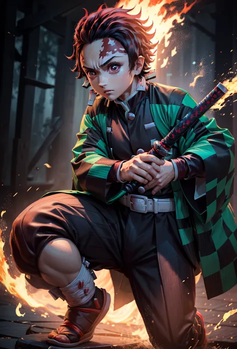 kamado tanjiro,(kimetsu no yaiba),full style,ultra high quality,ultra high resolution,photograph 8k,holding a katana,one boy,ult...