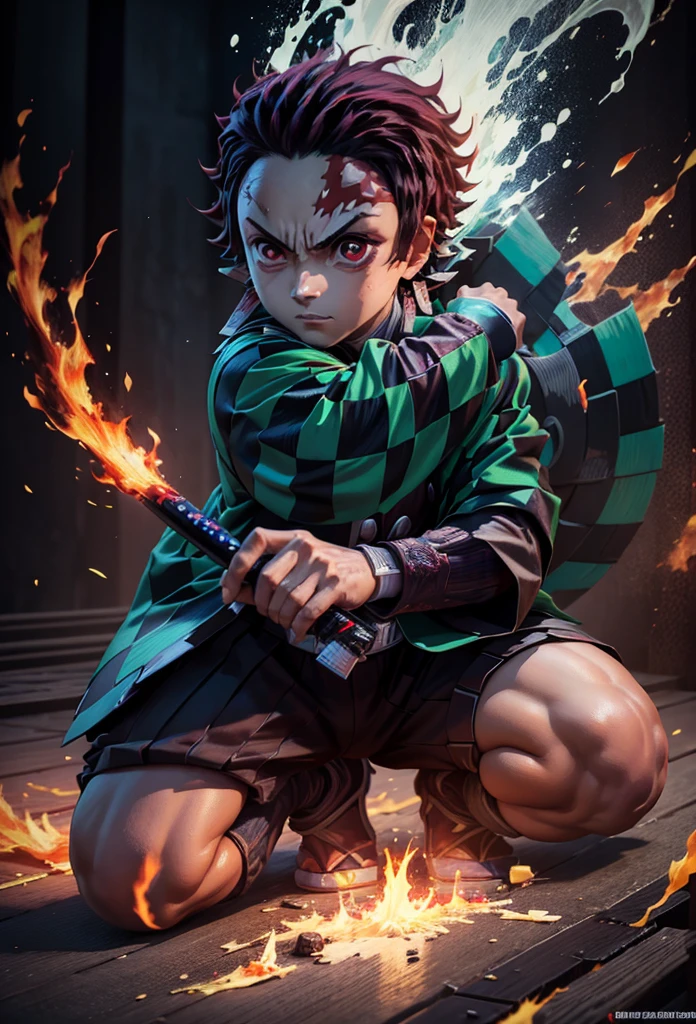 Kamado Tanjiro,(Kimetsu No Yaiba),Full Style,Ultra High Quality,Ultra High Resolution,Photograph 8K,Holding a Katana,One Boy,Ultra Detailed ,Demon Hunter Suit,Hino Kami Kagura Teknik