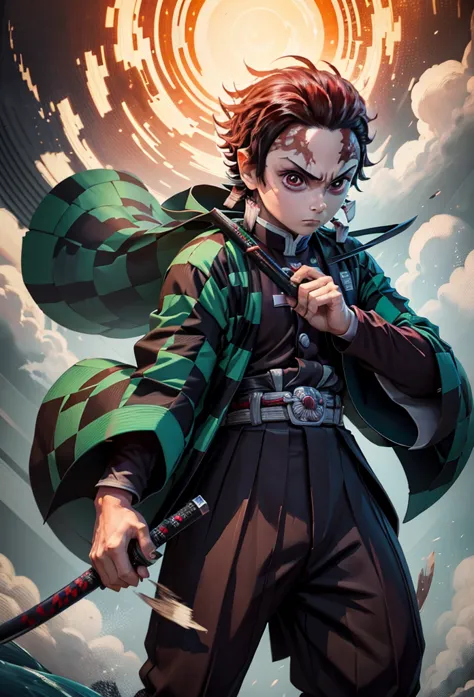 kamado tanjiro,(kimetsu no yaiba),full style,ultra high quality,ultra high resolution,photograph 8k,holding a katana,one boy,ult...