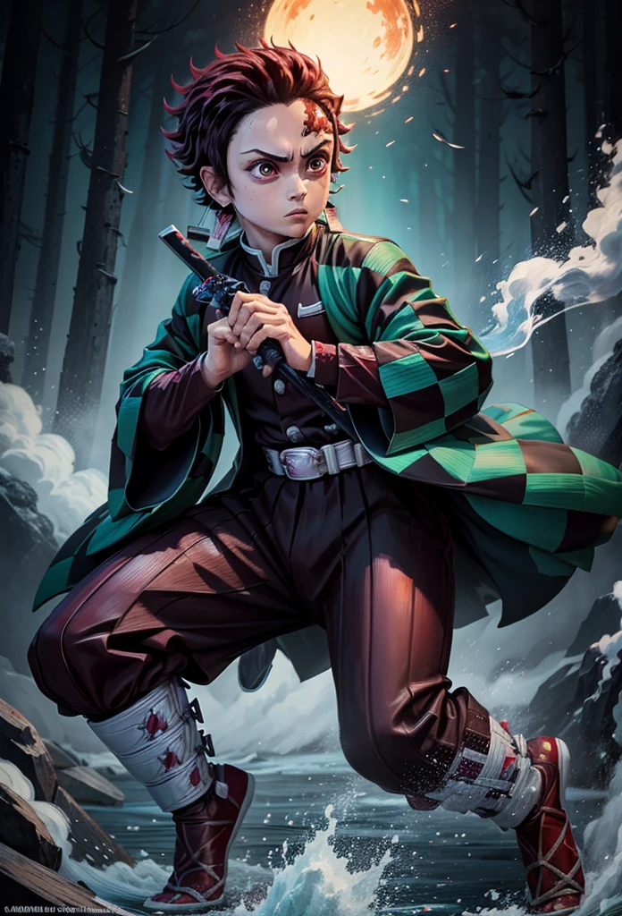 Kamado Tanjiro,(Kimetsu No Yaiba),Full Style,Ultra High Quality,Ultra High Resolution,Photograph 8K,Holding a Katana,One Boy,Ultra Detailed ,Demon Hunter Suit,Hino Kami Kagura Teknik