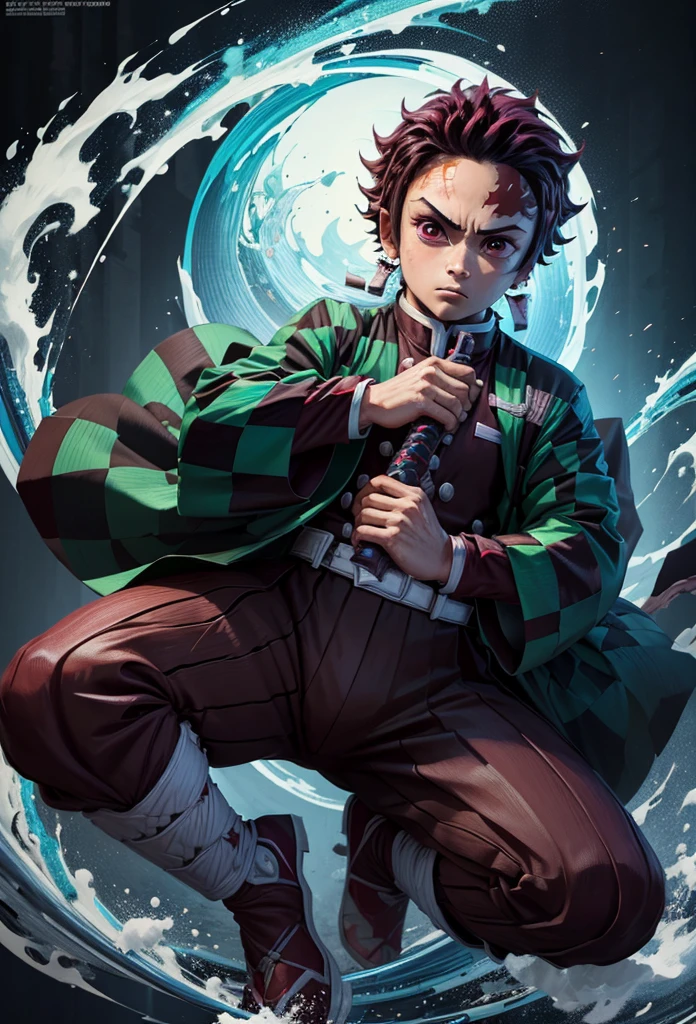 Kamado Tanjiro,(Kimetsu No Yaiba),Full Style,Ultra High Quality,Ultra High Resolution,Photograph 8K,Holding a Katana,One Boy,Ultra Detailed ,Demon Hunter Suit,Hino Kami Kagura Teknik