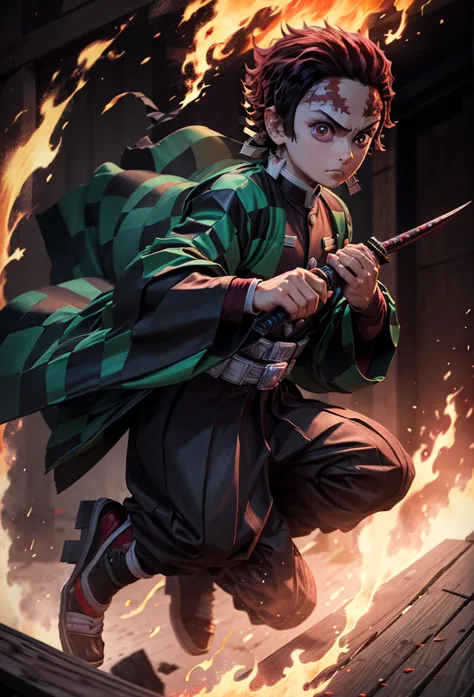 kamado tanjiro,(kimetsu no yaiba),full style,ultra high quality,ultra high resolution,photograph 8k,holding a katana,one boy,ult...