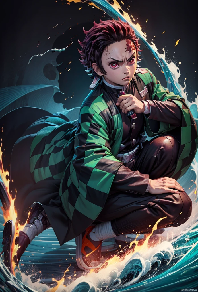 Kamado Tanjiro,(Kimetsu No Yaiba),Full Style,Ultra High Quality,Ultra High Resolution,Photograph 8K,Holding a Katana,One Boy,Ultra Detailed ,Demon Hunter Suit,Hino Kami Kagura Teknik