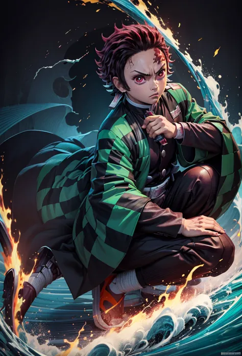 kamado tanjiro,(kimetsu no yaiba),full style,ultra high quality,ultra high resolution,photograph 8k,holding a katana,one boy,ult...