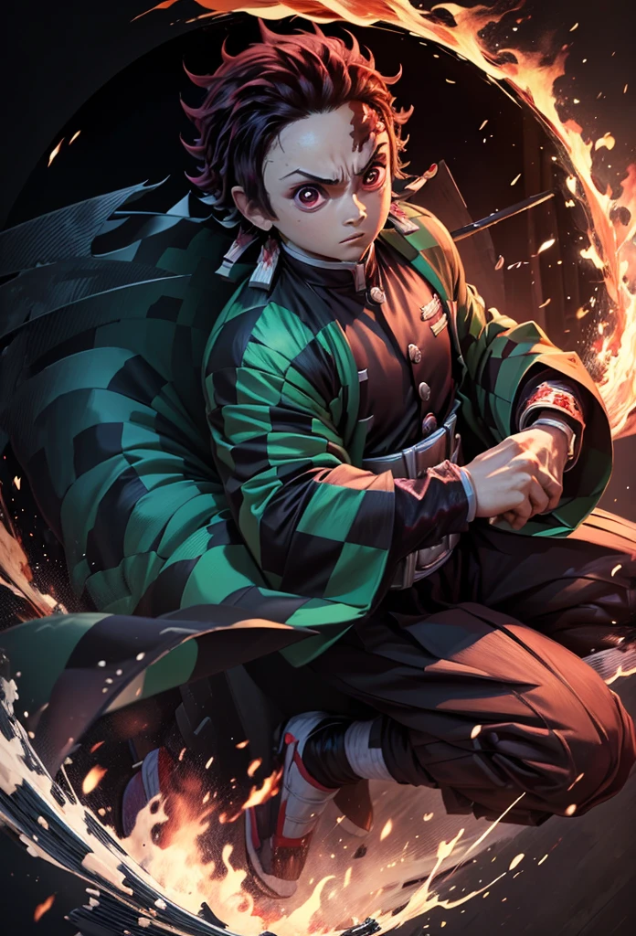 Kamado Tanjiro,(Kimetsu No Yaiba),Full Style,Ultra High Quality,Ultra High Resolution,Photograph 8K,Holding a Katana,One Boy,Ultra Detailed ,Demon Hunter Suit,Hino Kami Kagura Teknik