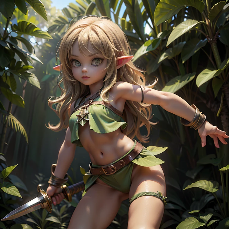 (Top quality, ultra-high resolution, historical masterpiece) 1 girl ((Cute little beautiful girl elf)) (Mini, short, petite) (Young, younger, looks younger) Fighting something ((Green eyes, long wavy blonde)) (Photo quality: 1.3) Bikini armor with plants, belt, sword, axe, spear, equipped with any weapon, action pose, active pose, dynamic angle, jungle, colorful birds,