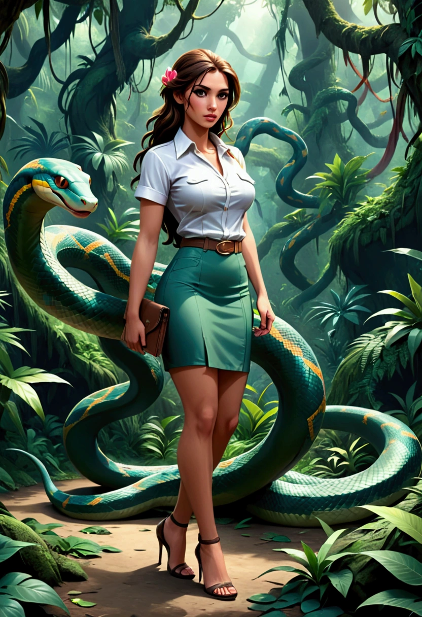 high details, best quality, 16k, [ultra detailed], masterpiece, best quality, dynamic angle, ultra wide shot, RAW, photorealistic, fantasy art, realistic art, a picture of a computer engineer (holding a laptop:1.1) getting lost in the jungle, computer engineer, wearing white button shirt, dynamic skirt, dynamic colors, wearing stiletto heels, full body, (an extremely beautiful: 1.3), (best detailed face: 1.4), dynamic hir color, dynamic hair style, dynamic eyes color, sense of confusion, sense of helplessness, jungle trees, plenty of (jungle veins: 1.2), (jungle flowers: 1.1), a (snake: 1.3) lurking by, high details, fantasy art, RPG art best quality, 16k, ultra detailed, masterpiece, best quality, (ultra detailed), full body, ultra wide shot, photorealistic, Hyperrealism style