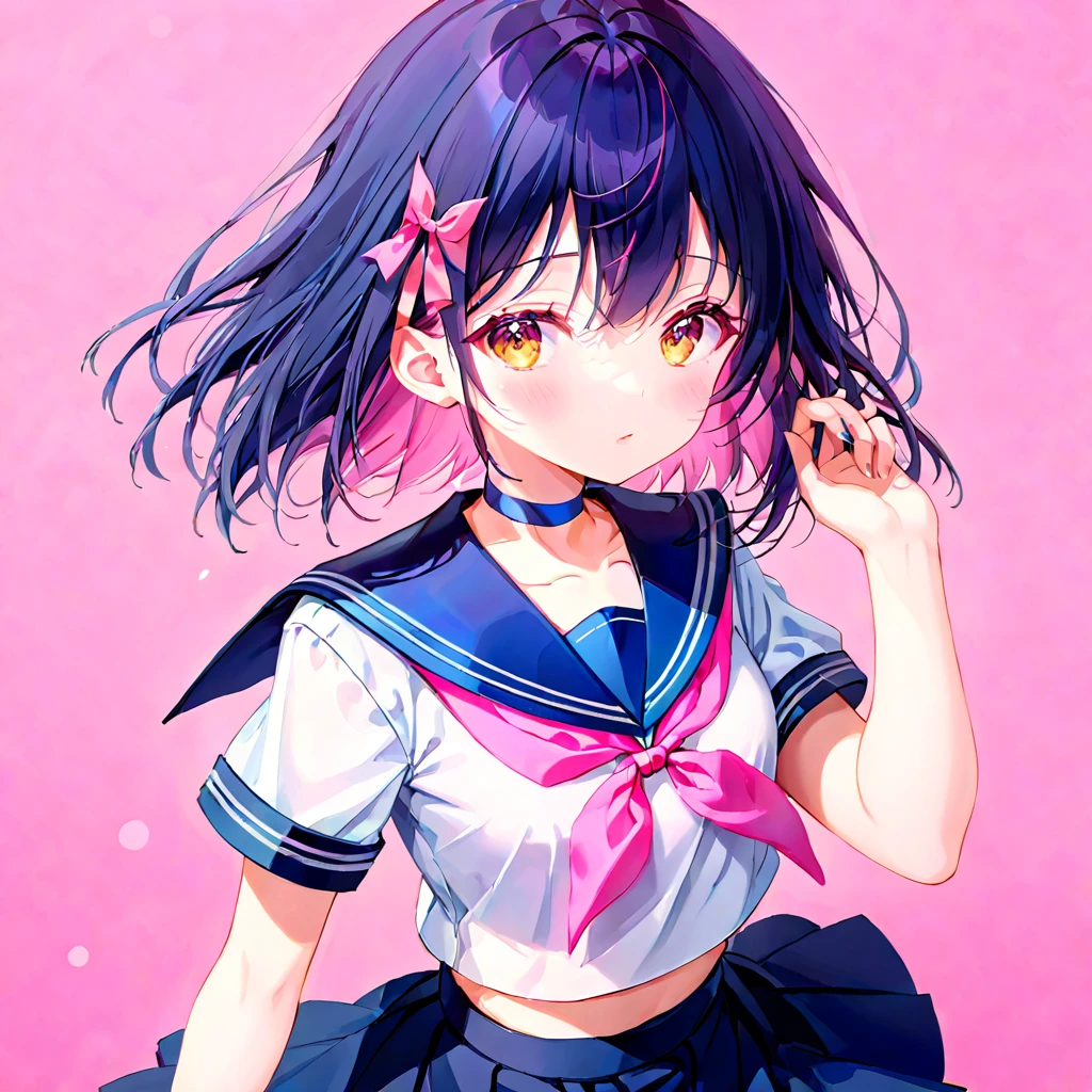 (1 girl),(Best Picture Quality, 8K, Masterpiece:1.3), (high school student:1.5), ((pink lob hair:1.1)), (bob cut),(swept bangs), (cute eyes, pupil black, iris skyblue, youthful face), (mole under right eye), (standard weight), (small breasts),(big hip), (glistening skin:1.1),(pale skin:1.2), ((serafuku, white sailor short sleeve simple shirt, darkblue skirt, darkblue sailor collar, pink ribbon)).