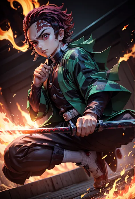 kamado tanjiro,(kimetsu no yaiba),full style,ultra high quality,ultra high resolution,photograph 8k,holding a katana,one boy,ult...