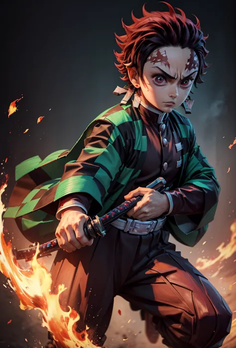 kamado tanjiro,(kimetsu no yaiba),full style,ultra high quality,ultra high resolution,photograph 8k,holding a katana,one boy,ult...