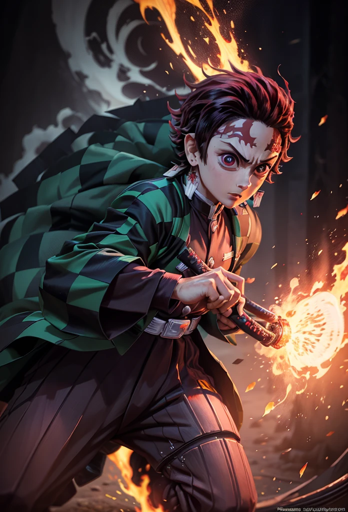 Kamado Tanjiro,(Kimetsu No Yaiba),Full Style,Ultra High Quality,Ultra High Resolution,Photograph 8K,Holding a Katana,One Boy,Ultra Detailed ,Demon Hunter Suit,Hino Kami Kagura Teknik