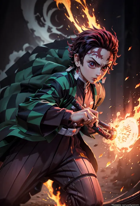 kamado tanjiro,(kimetsu no yaiba),full style,ultra high quality,ultra high resolution,photograph 8k,holding a katana,one boy,ult...