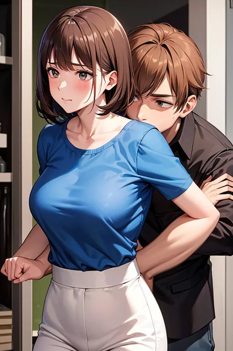 an older, cool, slender, brown-haired senior is upset after being hugged from behind and fondled by a drunk colleague.