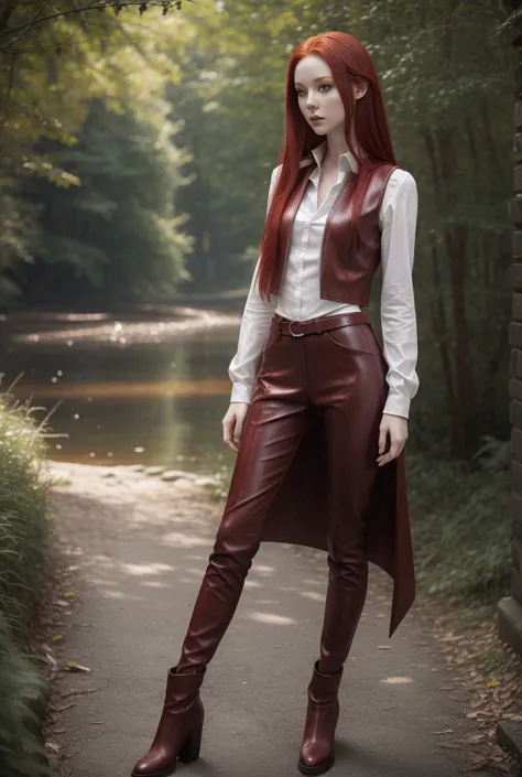 a girl with long cherry-red hair, white porcelain skin, slender figure, thin waist, slender legs. hourglass figure. fantasy worl...