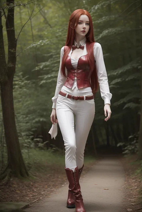 a girl with long cherry-red hair, white porcelain skin, slender figure, thin waist, slender legs. hourglass figure. fantasy worl...