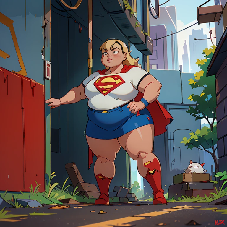 8K, Ultra HD, super details, high quality, high resolution. The heroine Supergirl, 1 fat girl, looks beautiful in a full-length photo, her body plus is sculptural, her long wavy blonde hair is radiant in a perfect combination with her white skin, her bright blonde eyes mesmerize everyone. She is wearing her heroine outfit, a red skirt with a yellow belt, a very tight blue t-shirt with a big red S on the chest, Elta also wears a red cape and red boots. she looks very fat sexy drawing attention to her big breasts and thick legs as she flies through the sky.,(Fondo de ruinas de mazmorra en ruinas cyberpunk :1.4 ), (supergils superman :1.4), (vestuario white traje :1.4), (Detalles de la cara: 1.5, ojos azules brillantes, hermoso rostro, ojos bonitos, Contorno del iris, labios delgados: 1.5, Thin, sharp pale eyebrows, Long, dark eyelashes, double tabs),(Traje vestuario white :1.4) 