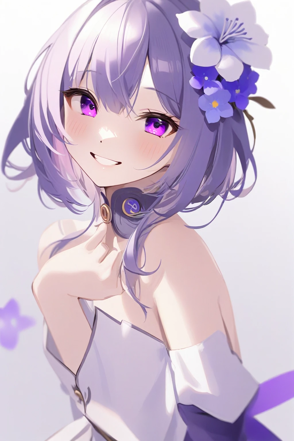 (score_9,score_8_up,score_7_up,),xuelian,white background,dress,multicolored hair,virtual youtuber,hair flower,hair ornament,purple hair,purple eyes,simple background,seductive_smile,wink,v,upper_body,face_focus,