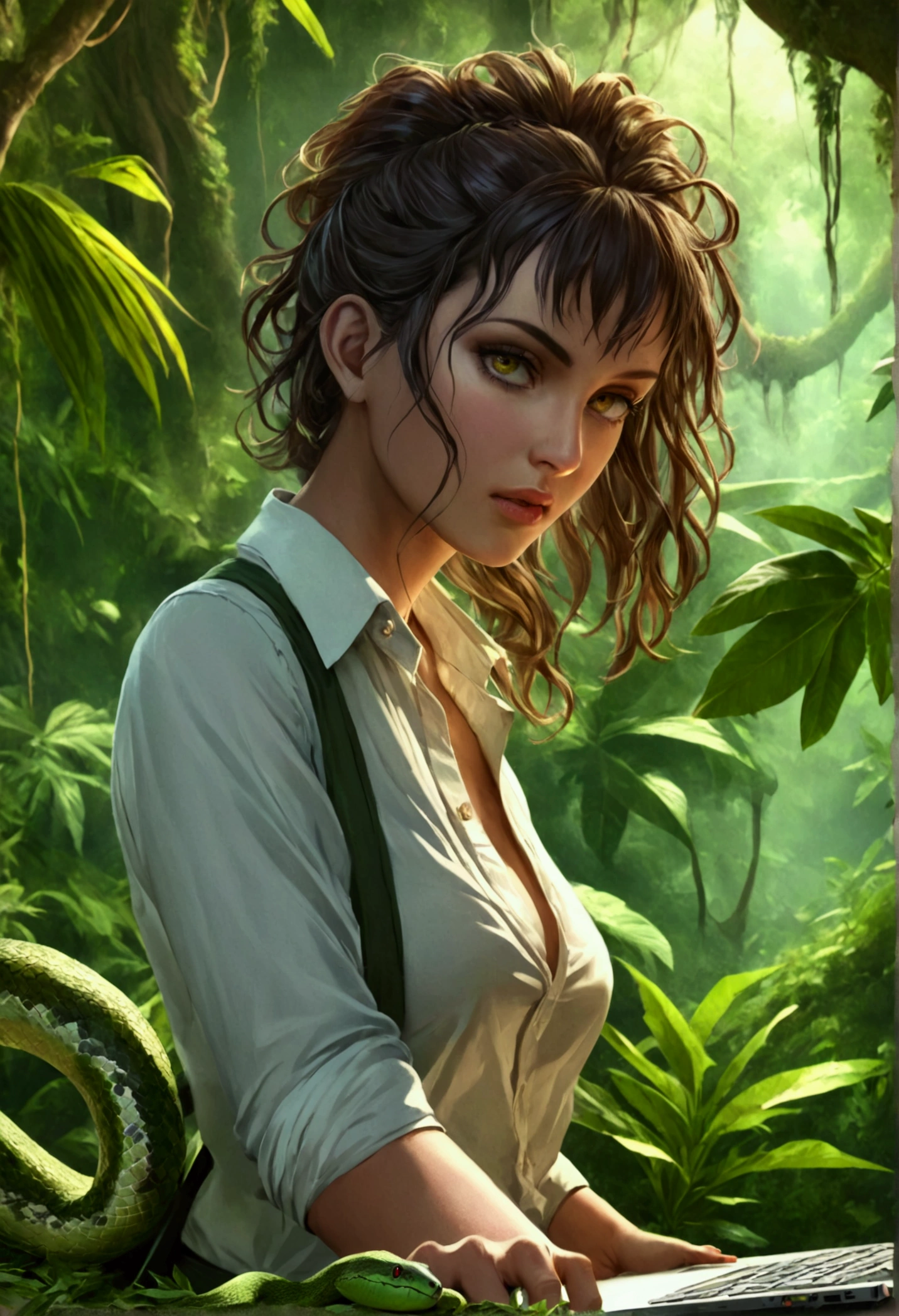 high details, best quality, 16k, [ultra detailed], masterpiece, best quality, dynamic angle, ultra wide shot, RAW, photorealistic, fantasy art, realistic art, a picture of a computer engineer (holding a laptop:1.1) getting lost in the jungle, computer engineer, wearing white button shirt, dynamic skirt, dynamic colors, wearing stiletto heels, full body, (an extremely beautiful: 1.3), (best detailed face: 1.4), dynamic hir color, dynamic hair style, dynamic eyes color, sense of confusion, sense of helplessness, jungle trees, plenty of (jungle veins: 1.2), (jungle flowers: 1.1), a (snake: 1.3) lurking by, high details, fantasy art, RPG art best quality, 16k, ultra detailed, masterpiece, best quality, (ultra detailed), full body, ultra wide shot, photorealistic, Hyperrealism style