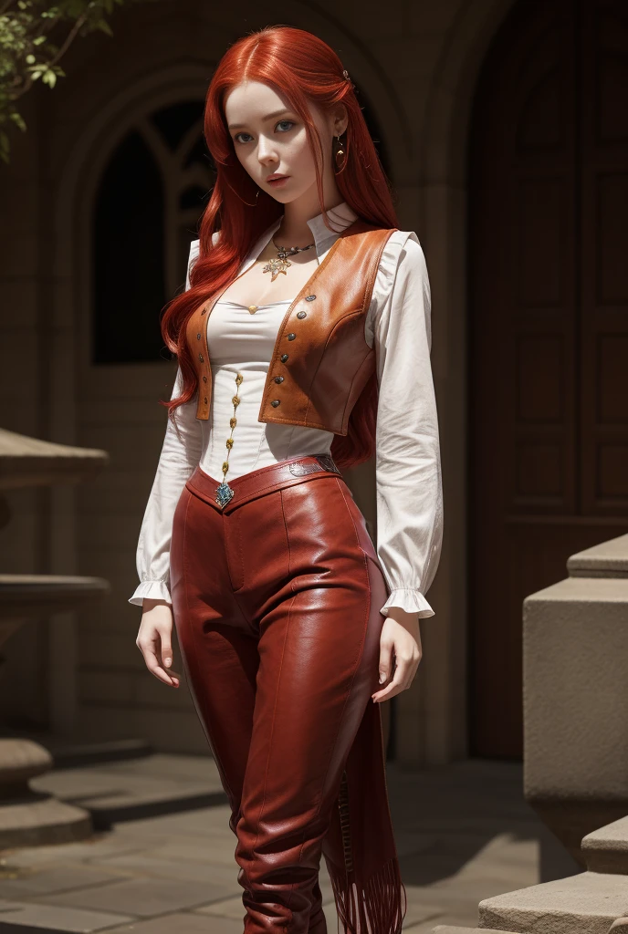 A girl with long cherry-red hair, white porcelain skin, sexy figure. Hourglass figure. Fantasy world. Fantasy clothing consisting of a shirt, trousers, vest and leather boots. From head to toe.